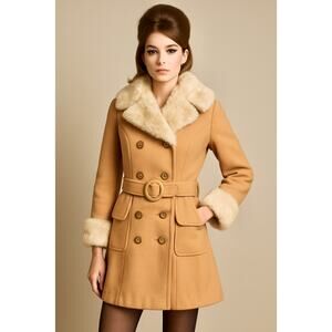 Vintage Sears 60s/70s Brown Faux Fur Coat M Belted Double-Breasted Hollywood Mod